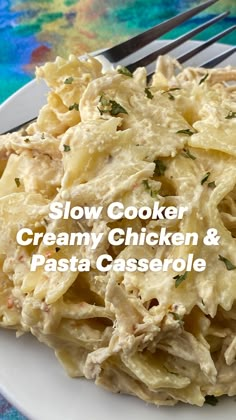 a white plate topped with pasta covered in chicken and parsley next to a fork