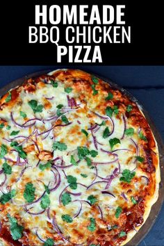 the homemade bbq chicken pizza is ready to be eaten with cheese and red onions