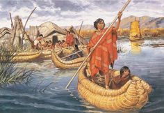 a painting of native people in canoes on the water