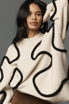 The squiggle is real (and so is the comfort). The Leith Sweater boasts a boxy, relaxed fit, adorned with embroidered abstract lines and ribbed detailing. | Leith Embroidered Sweater by Simon Miller in Black, Women's, Size: Small, Polyester/Nylon/Acrylic at Anthropologie Simon Miller, Oversize Knit, Embroidered Sweater, Abstract Lines, Sweaters Oversized, Lifestyle Brands, Pullover Styling, Sweater Outfits, Knit Sweater