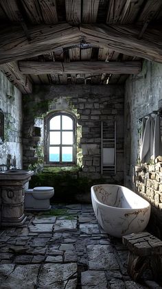 an old fashioned bathroom with stone floors and walls, including a large tub in the center