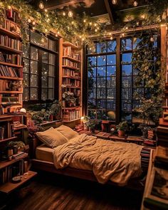 a bedroom with lots of bookshelves and lights