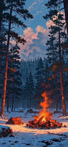 a painting of a fire in the middle of a snowy forest with trees and rocks