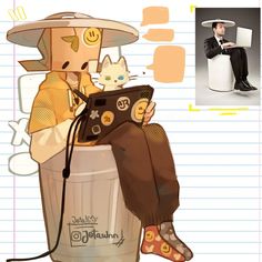 a man sitting on top of a trash can next to a cat wearing a hat