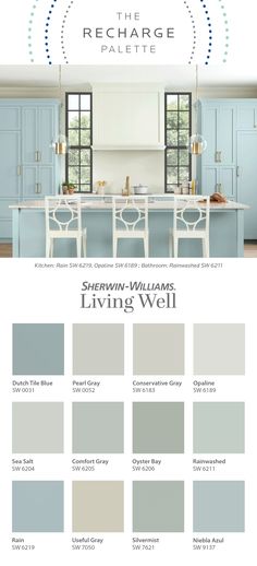 the color scheme for this kitchen is blue and gray