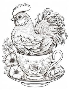 a drawing of a rooster sitting in a teacup with flowers on the saucer