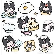 an assortment of stickers with cartoon animals and food on them, including eggs, pancakes,