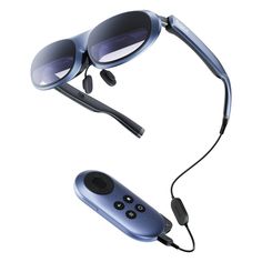 a pair of sunglasses and a remote control are shown in this image, with the controller attached to it