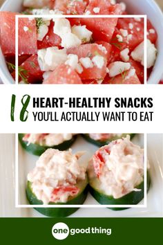 watermelon and feta salad with text overlay saying simple & tastying snacks under 200 cal