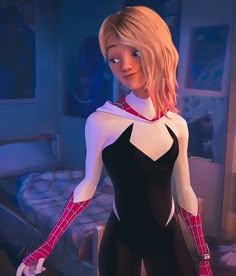 a woman in spider - man costume standing next to a bed