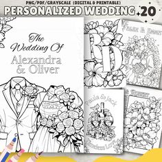 wedding coloring pages for adults and children with flowers on the front, in black and white