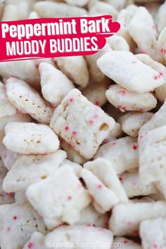 peppermint bark muddy buddies in a bowl with the words peppermint bark muddy buddies