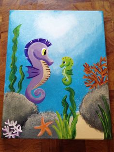 an acrylic painting of seahorses and starfish in the ocean on canvas