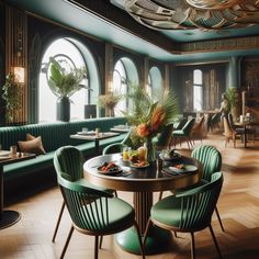 the interior of a restaurant with green chairs and round tables in front of large windows