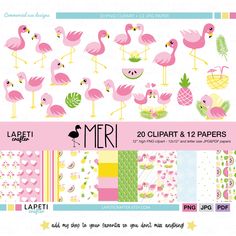 flamingos and pineapples are featured in this paper pack