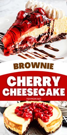 a slice of brownie cherry cheesecake on a plate