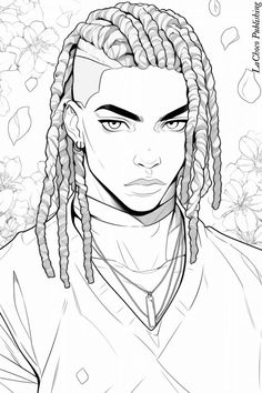 a black and white drawing of a man with dreadlocks in front of flowers