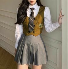 Hufflepuff Outfit Uniform, Hufflepuff Uniform, School Uniform Fashion, School Uniform Outfits, Uniform Outfits