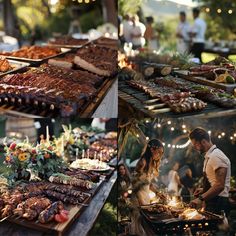 several pictures of people cooking food at an outdoor event with lights strung from the trees