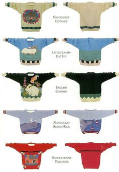 several sweaters are shown in different colors and sizes, including one with an image of a sheep on it