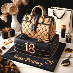 a black and gold birthday cake with a purse on the top, surrounded by gifts