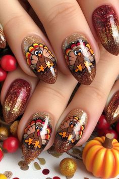 #ChristmasNails #HolidayNails #NailArt #WinterNails #RedNails #GreenNails #GlitterNails #CandyCaneNails #SnowflakeNails #ChristmasTreeNails #FestiveNails #NailInspo #NailGoals #NailDesigns #NailObsessed #NailAddict Turkey Nails, Thanksgiving Nail Designs, Thanksgiving Nail Art, Thanksgiving Nail, Cute Nails For Fall, Cute Christmas Nails, Creative Nail Designs, Thanksgiving Nails