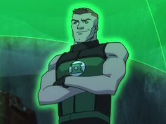 an animated man with his arms crossed standing in front of a green background