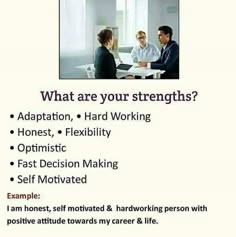 a poster with the words what are your strengths? and two people sitting at a table