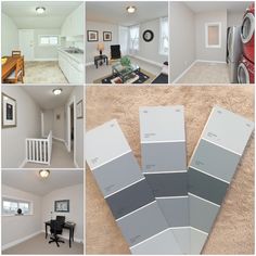 the interior of a house is shown in four different pictures, including an open floor plan and several colors of paint