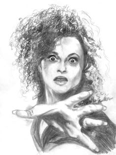 a black and white drawing of a woman with curly hair holding her hand out to the side