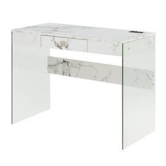 a white marble desk with two drawers on one side and an open drawer on the other