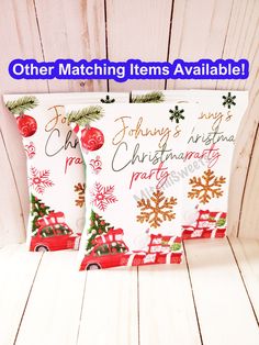 two christmas themed items are sitting on a wooden surface with the text, other matching items available