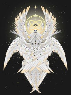 an angel with white wings and gold halos in the center on a black background