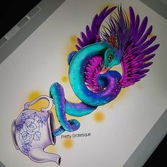 a drawing of a purple and blue dragon holding a teapot