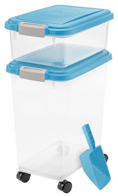 two plastic storage containers with wheels and lids