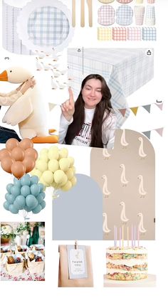 there is a collage with many different things in the photo, including balloons and cake