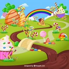 an illustration of a colorful candy land with lots of sweets and rainbow in the background