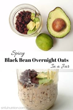 an avocado, black bean overnight oats and raisins in a jar