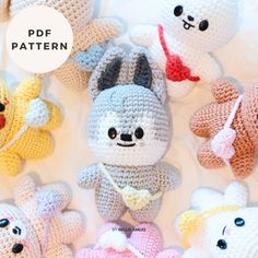 several crocheted stuffed animals are arranged in a circle on a white sheet with the text, free pattern