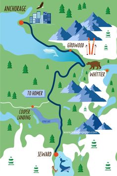 a map with animals and places to see in the woods, mountains, and rivers