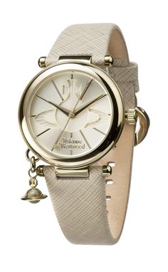 Vivienne Westwood Women's Orb Pop Quartz Analogue Display Watch with Gold Dial and Cream Leather Strap VV006GDCM Aesthetic Watches For Women, Watches For Women Classy, Classy Womens Watches, Vivienne Westwood Watch, Wrist Watches For Women, Watch Leather Strap, Classy Watch, Watches For Women