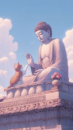 a cat sitting on top of a buddha statue