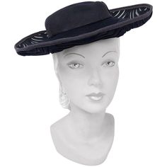 1940s Navy Felt Hat with Hand Cut Pattern and Netting. Navy blue fur felt hand cut pattern with shallow crown, wide brim, grosgrain trim and matching net. Evening Hat, 1940s Hats, Floppy Sun Hats, Beaded Hat, Crown Hat, Felt Bows, Fall Hats, Classic Hats, Designer Hats