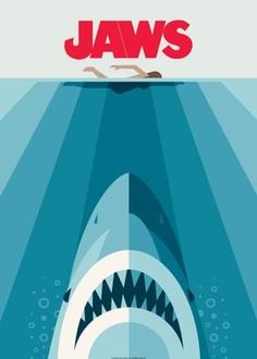 a movie poster with a shark in the water and jaws on it's face