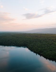 an aerial view of a lake surrounded by trees