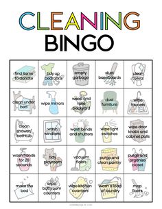 a printable cleaning bingo game with words and pictures on the front, in black and white