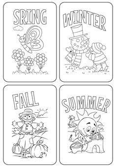 four coloring pages with the words spring, fall and winter written in black on them