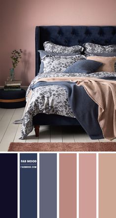 a bedroom with pink walls, blue bedding and white flooring is featured in this color scheme