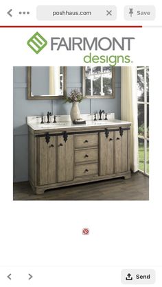 a bathroom vanity with two sinks and mirrors on the wall above it is an advertisement for furniture