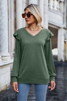 Ruffle Shoulder V-Neck Long Sleeve Top Fall V-neck Ruffled Tops, V-neck Ruffled Sweater For Fall, Spring V-neck Ruffled Sweater, Winter V-neck Top With Ruffles, Fall Ruffled V-neck Tops, Waterproof Slippers, Beauty Expert, Blouse Vintage, Long Blouse